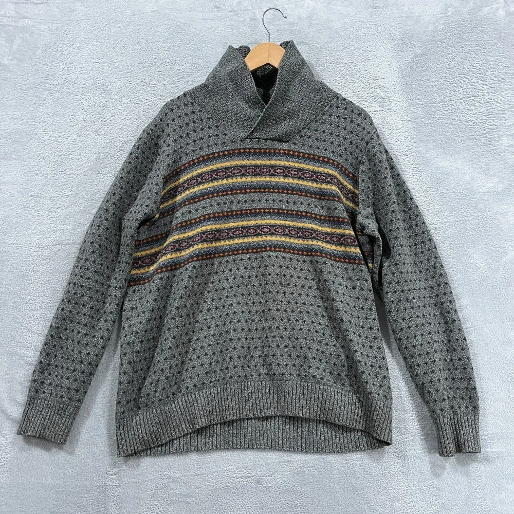 Levis Sweater Mens Large‎ Gray Fair Isle Birds Eye Shawl-Collar Preppy Academia